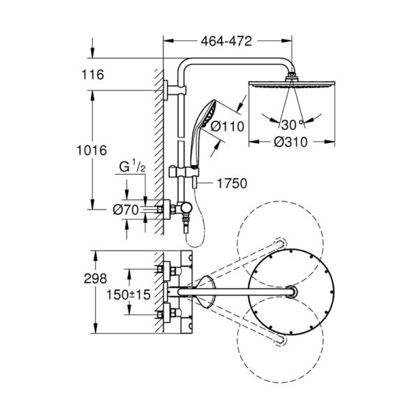 GROHE EUPHORİA SYSTEM 310 TERMOSTATİK BATARYALI DUŞ SİSTEMİ COOL SUNRİSE-26075GL0 - Image 2